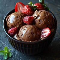 Chocolate ice cream topped with fresh strawberries and raspberries photo