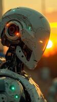 A robot with a futuristic design stands against a backdrop of a setting sun photo