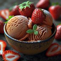 Chocolate ice cream with strawberries and mint photo