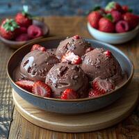 Chocolate ice cream with strawberries and chocolate sauce in a grey bowl photo