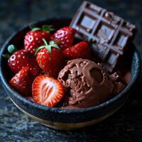 Dark chocolate ice cream with strawberries, dark chocolate photo