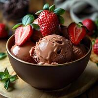 Close-up of chocolate ice cream with strawberries photo