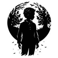 A silhouette of a boy standing in the woods vector
