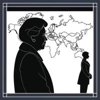 The world map is in the background and the two people are standing vector