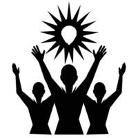 A silhouette of three people with hands up vector