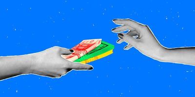 Collage depicting a creative exchange of money, combining vibrant halftone textures with handcrafted elements, showcasing a dynamic representation of financial interaction against a blue background. vector