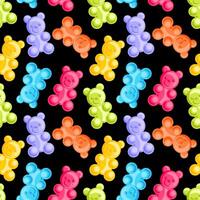 delightful seamless pattern showcasing cheerful gummy bears in an array of vibrant colors. Perfectly arranged, whimsical candies add a playful touch, ideal for children s products, packaging, festive vector