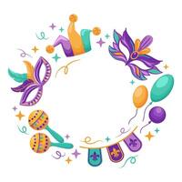 A vibrant round frame celebrating Mardi Gras and carnival, adorned with colorful masks, a jester s cap, festive balloons, maracas, and a lively garland. Perfect for festive invitations and decorations vector