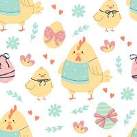 Pattern with chicken, little chick and easter eggs vector