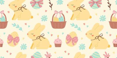 Happy easter pattern with yellow bunny and eggs vector