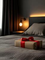 Gift wrapped in brown paper with red ribbon on a cozy bed at night photo