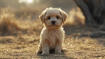 Adorable fluffy puppy sitting in golden grass during golden hour photo