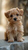 Cute fluffy puppy sitting on a stone surface in a sunny outdoor setting photo