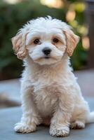 Cute fluffy puppy sitting calmly in a sunny garden setting photo