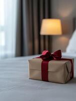 Gift beautifully wrapped on a bed in a cozy hotel room photo