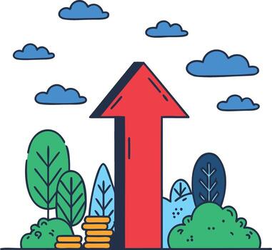 An arrow pointing up with money and trees vector