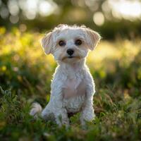 Small fluffy dog posing on grass in warm sunlight during evening photo