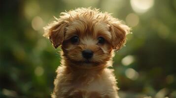 Cute puppy with fluffy fur sitting in a natural green environment photo