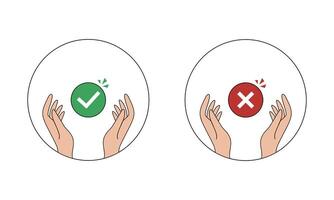 Hands showing correct and incorrect symbols in the shape of a circle vector