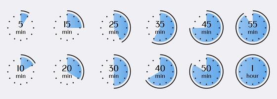 Visual representation of time intervals from 5 minutes to 1 hour. Timer, clock, stopwatch isolated set icons vector