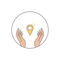 Hands holding a location pin icon with circular outline vector