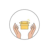 Hands holding open yellow box with sparkles in the shape of a circle vector