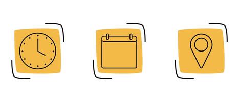 Clock, calendar and location pin icons on yellow squares vector