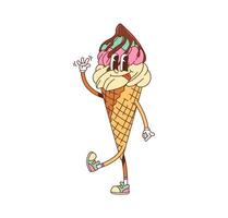 Retro hippie groovy ice cream dessert character vector