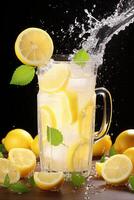 Lemonade in glasses in a pitcher with a splash and slices of lemon photo