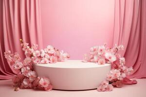 A white round table with pink flowers on it photo