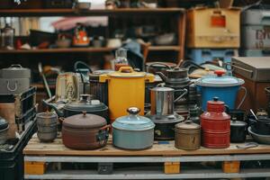 A variety of pots and pans are on a table photo