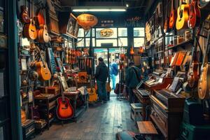 A man is walking through a store filled with guitars photo