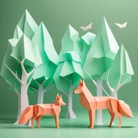 Paper art forest with origami foxes photo