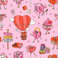 Cartoon groovy Valentine heart characters pattern vector