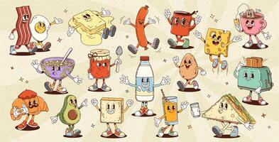 Retro cartoon groovy breakfast characters set vector