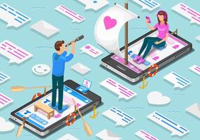 Isometric concept of virtual relationships and online dating. Teenagers exploring social networks for a match. Illustration vector