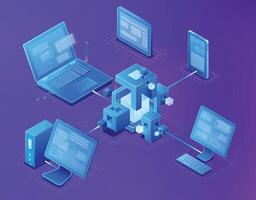 Blockchain isometric concept banner with a modern digital technology network design. Illustration vector