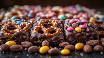 Elegant arrangement of chocolatecovered pretzels candycoated almonds caramel bites on a reflective surface photo