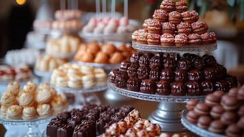 Extravagant candy buffet chocolate fountains macarons and neatly arranged sweets photo