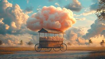 Rustic candy cart delicate cotton candy clouds under a bright park afternoon sky photo