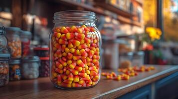 Wooden counter displaying large jar of candy corn and caramel squares in a bright setting photo