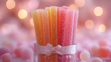 Flavored candy sticks displayed a crystal jar with soft lighting and a decorative ribbon accent photo
