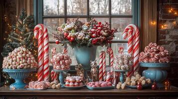 Festive table display colorful candy canes sugar crystals and assorted sweets in a cheerful setting photo