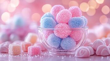 de cerca de algodón caramelo clasificado dulces desplegado en un Clásico vaso tarro con suave reflexiones foto