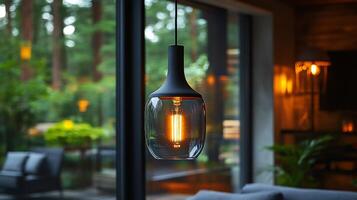 Pendant lamp a matte black finish and glowing bulb emits warm light seamlessly complementing Scandinavian and minimalist interior styles photo