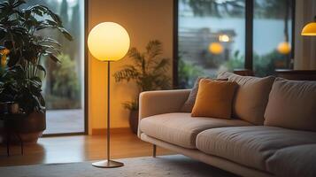 Floor lamp a matte black finish and glowing bulb emits warm even light adding depth to minimalist interiors and enhancing clean lines photo