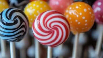 Closeup of artisanal lollipops vivid swirled patterns arranged neatly on a simple tabletop photo