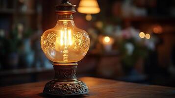 Elegant vintage brass lamp featuring glowing bulb casts warm light over a polished table its classic design adding sophistication to the rooms atmosphere photo