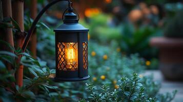 Rustic outdoor lantern glows warmly casting soft light onto surrounding greenery while metal frame adds charm and enhances the cozy outdoor setting photo