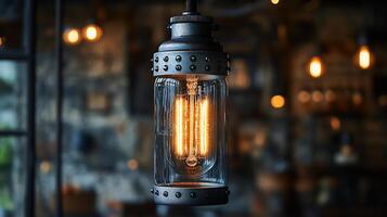 Industrialstyle lamp a glowing filament bulb casting warm light accentuating the raw metal fixture and adding rustic charm and depth to modern interiors photo
